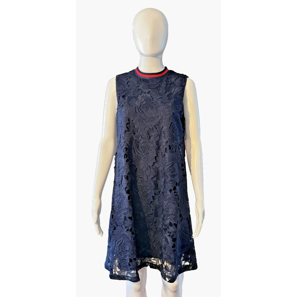 NWT Halogen Floral Lace Dress Navy Blue Sport Striped Collar Lined Shift SZ S